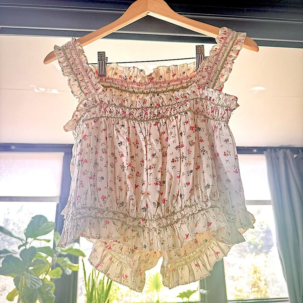✨🪷🍧DÔEN ‘Elle & Dew’ Silk Cottage Breeze Floral Embroidered Loungewear Set XS✨ - Picture 4 of 17